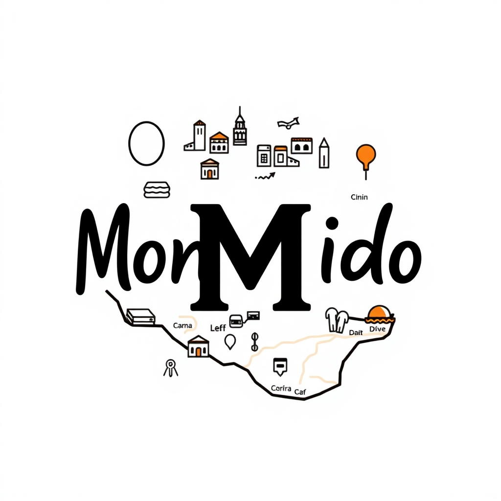 Make a simple logo for a repository of places and activities to do in Montevideo, Uruguay. Make sure to include an M. Keep the background a plain color. Don't include the word Montevideo. Add stuff to make it look like a map of places.