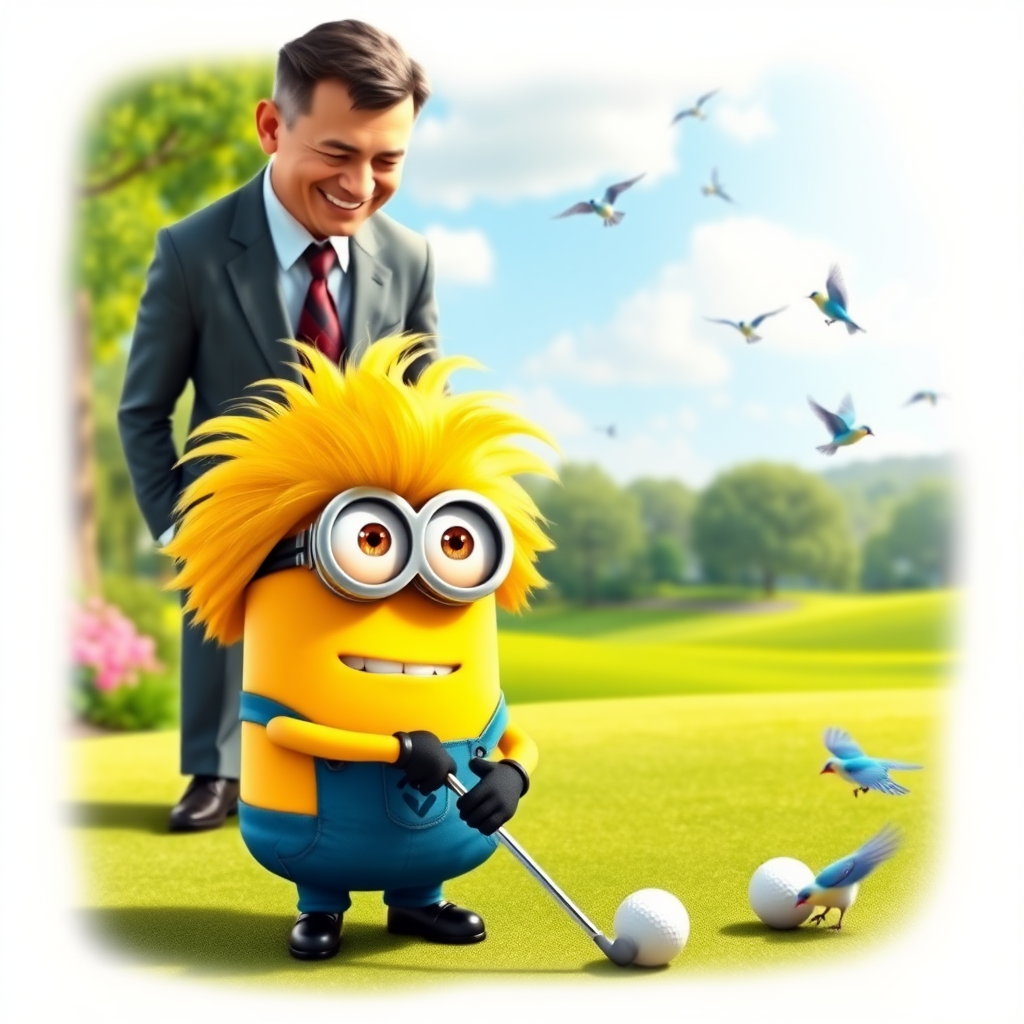 A minion from "Despicable Me" is playing golf on a beautiful golf course. He has a big bright yellow wig of hair. Above him, a man in a suit smiles down at him. There are bluebirds and sunshine and the scene is beautiful and peaceful.