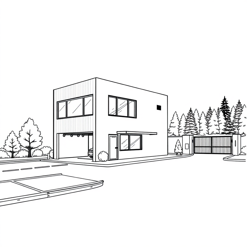 small 2 storeys office building with semi open garage on the left in the foreground, small company parking lot on the left, borders, trees, wood outskirt on the right, company gate in the back, colorfoul long establishing shot, 2D, caricature, cartoon, Sketch lines, coloring book, coloring book style on white background, well composed, clean coloring book page, No dither, no gradient, strong outline, No fill, No solids, vector illustration, realistic proportions, left side view