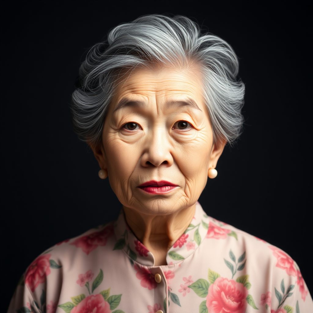 80 age old korean woman, front, flower shirt, photo studio background, Short permed hair, black and white hair