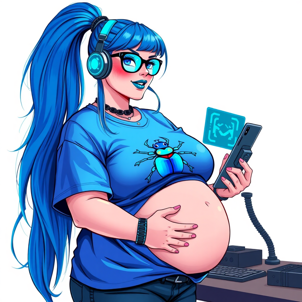 A cyberpunk vigilante’s full-figured intelligent and tech-savvy 28-year-old girlfriend, who is a computer hacker and tech genius. She has a long maximum blue ponytail. She wears maximum blue lipstick, blue eyes, a sapphire beetle gemstone necklace, sapphire earrings, black eyeglasses, and an oversized maximum blue t-shirt featuring a blue sapphire gemstone crusted chest icon of a beetle. She has a full-figured physique with a prominent, massive, round belly, reflecting her well-cared-for lifestyle. She sports a sapphire headset with a hi-tech maximum turquoise lensed HUD, and a shy smile with a neon red blush. She serves as his tech expert from his hideout, diligently working at her workbench and computer desk, while holding an electronic wrench and a holographic computer tablet. The background is solid white. She is drawn as if she was in a retro 2D cyberpunk fighting game. Ensure her maximum blue t-shirt covers her belly.