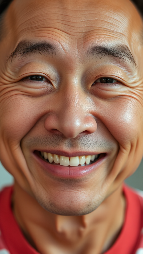 the face of a mildly smiling asian 38 year old man with no teeth