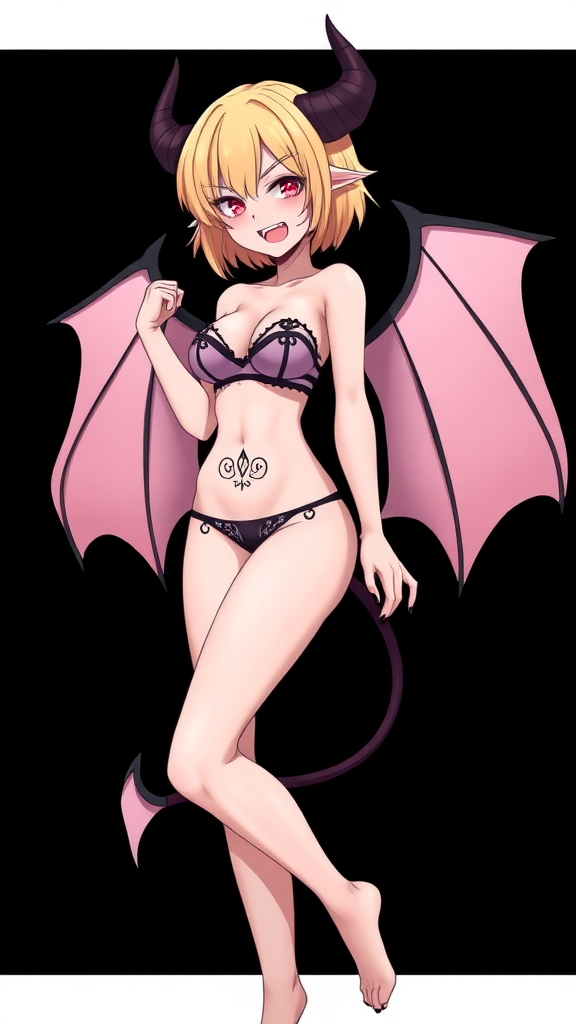 Anime, Black background, A mischievous tall-slender demon girl, short blond hair, wearing sexy micro bikini bra-like clothing, g-string, womb tattoo on belly, mischievous smile, large breasts, full body, long legs, looking at viewer.