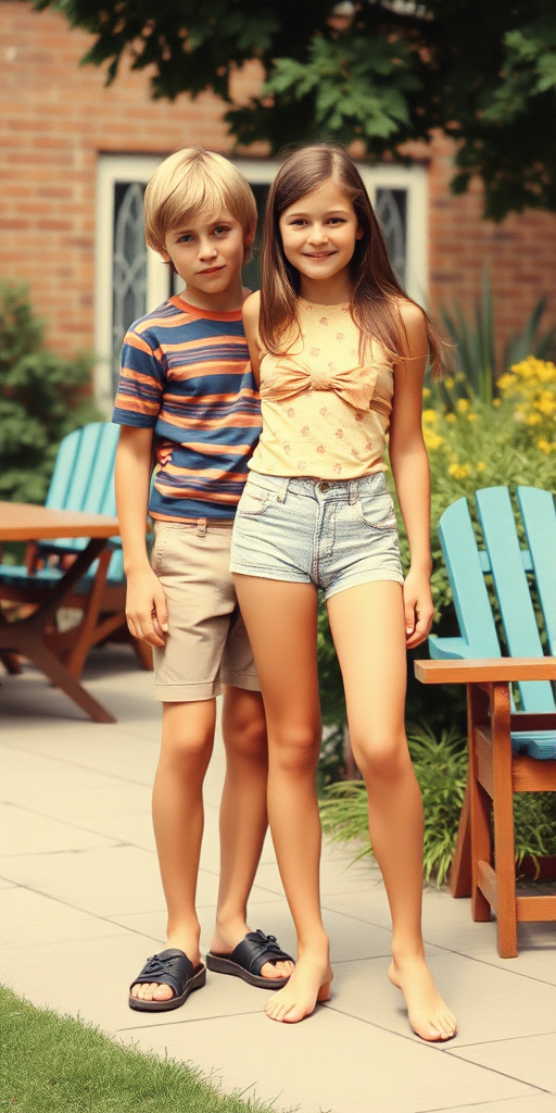 A vintage photo, 1980s. A 15yo teen boy and girl. British. Long legs, bare thighs. Hot summer. Full length view.