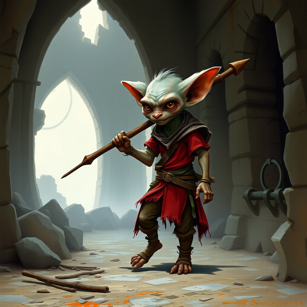 A small, skinny kobold in a tattered red tunic and dirty brown pants wearing a quarterstaff on his back as he walks through a ruined castle.