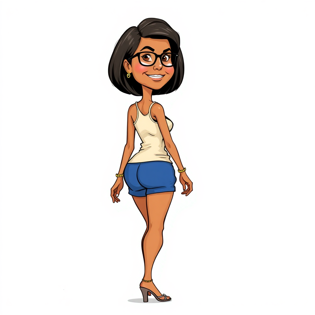 55 Years old, European, Latina, sharp aquiline nose, wrinkles, high cheekbones, Middle Eastern, Skinny, Tanned skin, Dark light skin, Rounded Medium breasts, Skinny thighs, round ass, full Makeup, jewelry, Serious face, Sharp nose, blushing, Ash hair, short bowl haircut, Brown eye color, Glasses, with detailed features. swaying hips, smiling, She is walking away, back side view, she is looking over her shoulder, she is wearing a cream tight tank top and tight blue ruched shorts, visible panty line, detailed fabric. full body, high heels sandals, long establishing shot, 2D, caricature, cartoon, Sketch lines, coloring book, coloring book style on white background, well composed, clean coloring book page, No dither, no gradient, strong outline, No fill, No solids, vector illustration, movement lines. realistic proportions