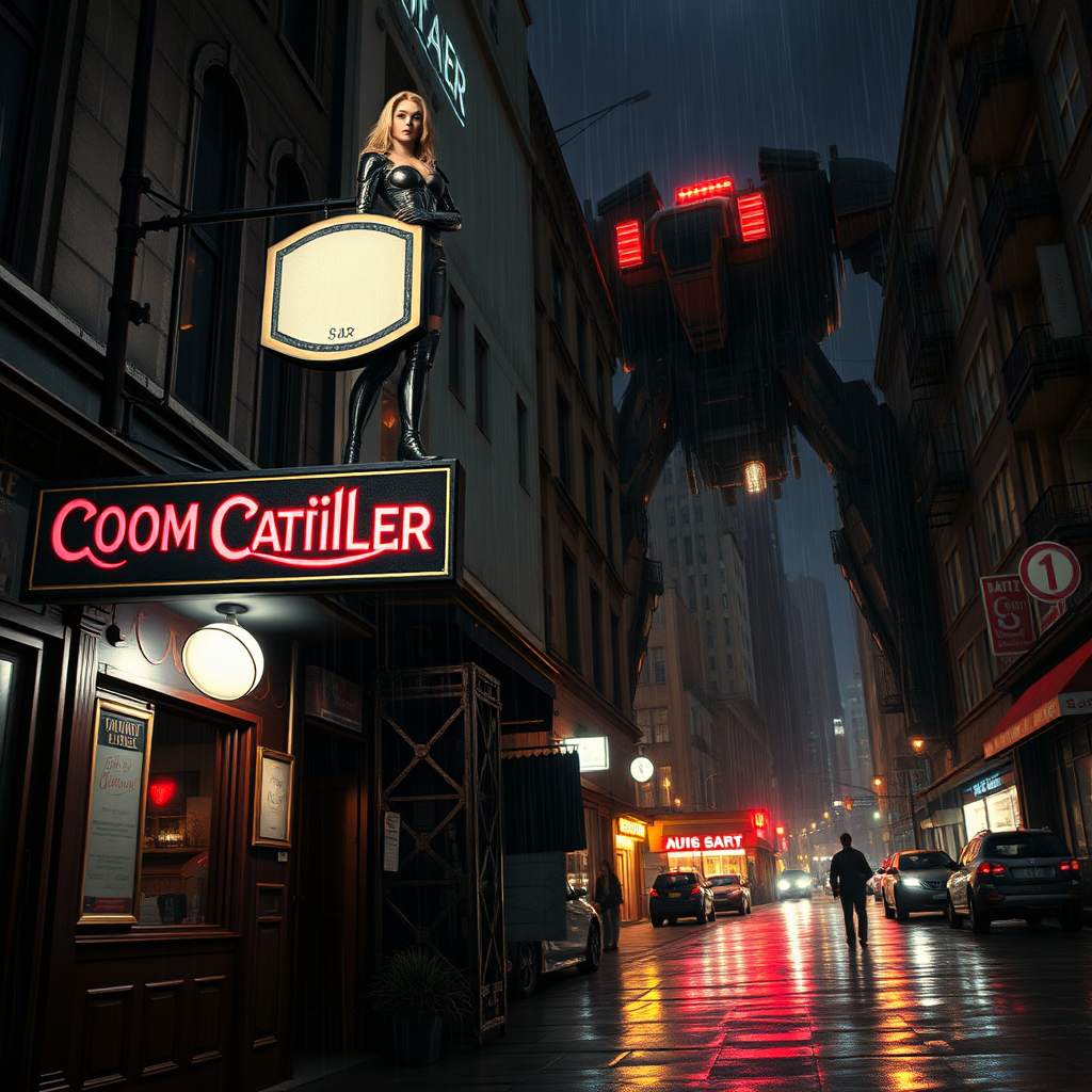 A city street, a bar with a sign that says "Canopean Catcaller". Large battlemech towering nearby with a woman standing on top. She resembles Ana de Armas, has strawberry blond hair and is wearing a formfitting modern armor. Hyperrealistic, digital matte painting, night, raining, film grain, chromatic aberration.