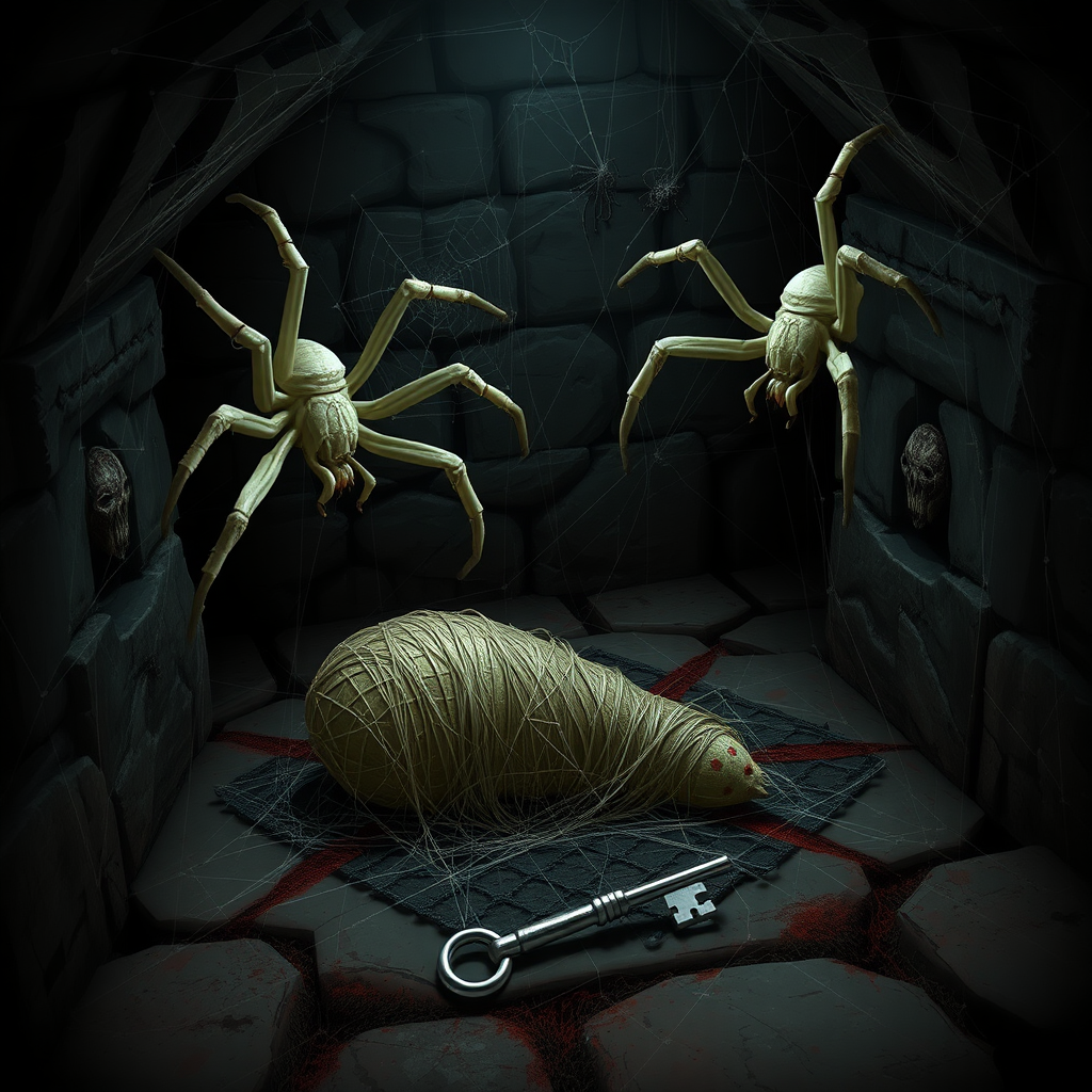 A dark basement medieval cellar with two large white spiders with red highlights crawling around and a long cocooned body webbed in the center of the floor with a silver key sitting beside the cocoon. There are spider webs on the walls.