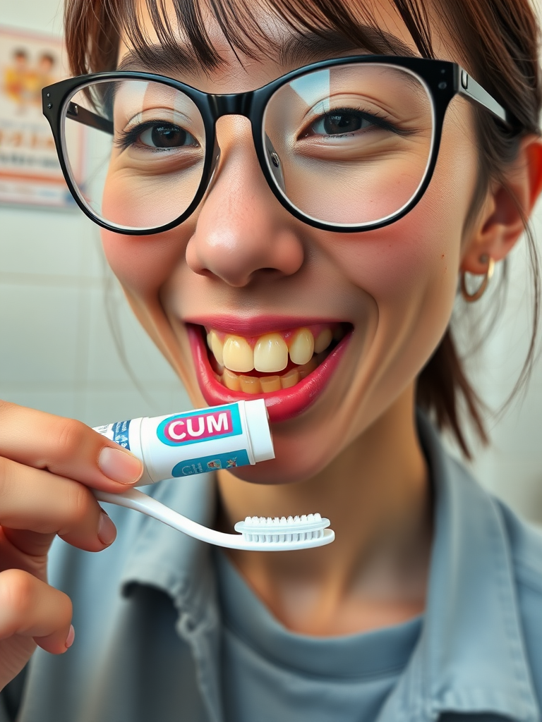 real casual photo, japanese nerdy skinny woman with big nose, big mouth, big yellowish teeth, moles, big eyeglasses and medium hair, retarded, she is putting a toothpaste called "CUM" on her toothbrush