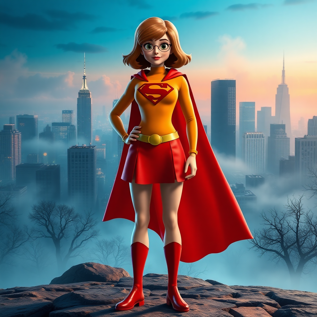 Create a full-length rendered image of a hybrid character combining Velma Dinkley’s features and Superman’s body type. The character wears Velma's classic orange turtleneck and red skirt, complemented by Superman’s iconic cape and emblem. Set the background in a vibrant blend of the Mystery Inc. world and Metropolis, showcasing a bustling city skyline alongside a spooky, fog-laden landscape. The lighting is dynamic, highlighting the character's confident stance as they stand heroically, ready to solve mysteries or save the day. Capture a sense of adventure and whimsy in this unique crossover.