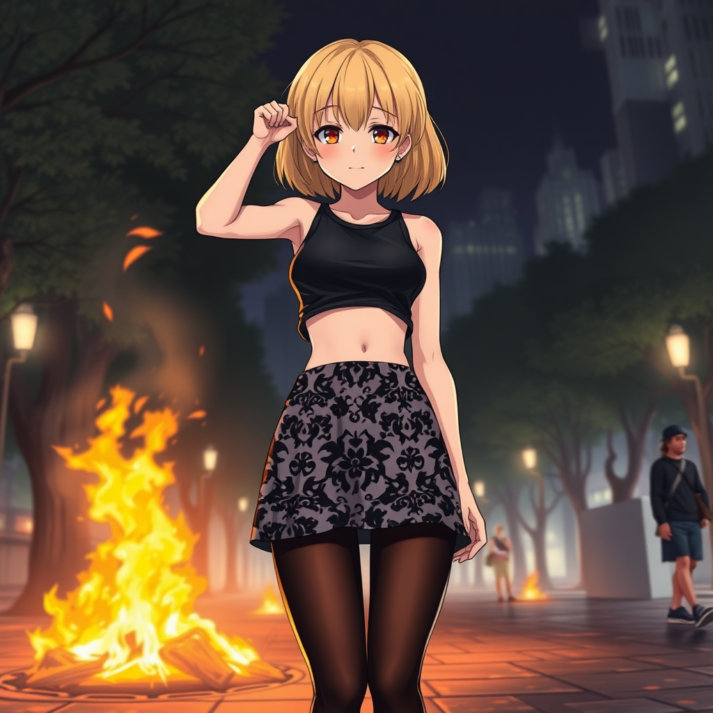 Anime art of a young woman, medium blonde hair, a black, sleeveless crop top that reveals the woman's midriff and a high-waisted, patterned mini skirt that showcases a mix of black and white colors. She is also wearing black sheer tights and black sneakers with white laces, raised fist. Park on fire at night from riots background