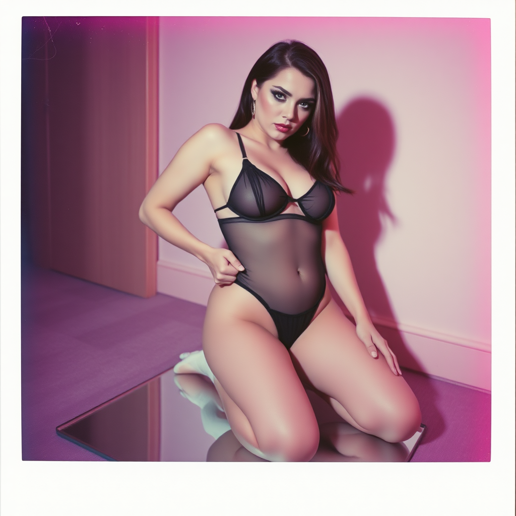 old polaroid photo with heavy vignetting and pink and blue artistic studio lighting color tint and light leak, depicting a sexy curvy thicc pale white alt goth girl with eye makeup, wearing a tiny revealing black see thru bikini gstring thong with a small outline of her labia and nipples visible, kneeling over a large mirror placed on the floor below her and behind her