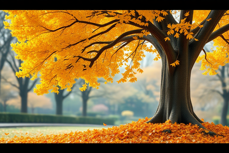 Draw it as if it were real, with an old, large, yellow ginkgo tree standing on the right, and ginkgo leaves piled up underneath, to express the fall when the ginkgo leaves fall, and the background should be out of focus to express an autumn park.