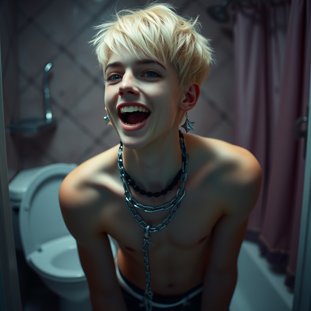 photorealistic, ultra high resolution, 16K, surreal fantasy, studio lighting, a pretty 16 year old goth boy, slim male physique, short blonde hair, goth makeup, earrings, spiky chain and leash, pantyhose, white ballet shoes, in the bathroom, excited open mouth smile, facing the camera,