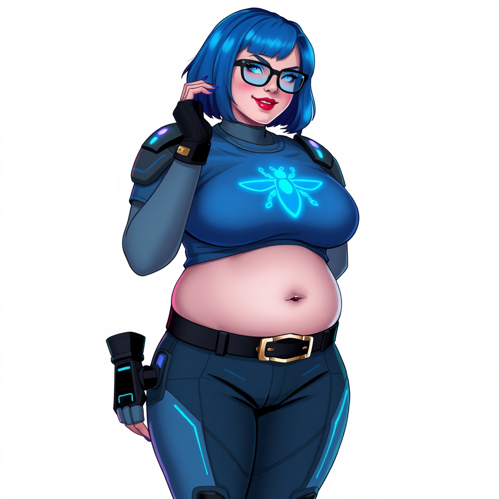 A 28-year-old, full-figured, middle gray-skinned computer program hybrid with a maximum blue bob cut. She has a non-athletic build, highlighted by a prominent, round, large midsection (with emphasis on her belly), which shows the aftermath of her pampering. As the heavily pampered digital sidekick to her cyberpunk vigilante boyfriend, her middle gray metallic skin and maximum blue lipstick emphasize her digital nature. She wears a digital, computerized costume inspired by DC’s Carrie Kelly Robin, consisting of a huge, tight-fitting, maximum blue t-shirt with a neon blue glowing chest icon of a beetle, hi-tech shoulder pads with neon blue accents, a black hi-tech belt with a digital neon blue glowing buckle, digital maximum blue biker pants with neon blue accents, and black hi-tech fingerless biker gloves with neon blue glowing accents. Her neon blue glowing eyes, black eyeglasses with a neon blue glowing HUD built into the lenses, and shy smile with neon red blush accentuate her nerdiness. She stands bashfully with one hand behind her back and the other hand gently touching her cheek, her costume covering all her skin and emphasizing her full-figured physique (especially her belly). She is clearly non-athletic, with a focus on her full-figured physique. Despite her build, she radiates beauty. She has a slim face compared to her physique, accentuating her radiant beauty. She is on a solid white background. She is drawn as if she were in a retro 2D cyberpunk fighting game.