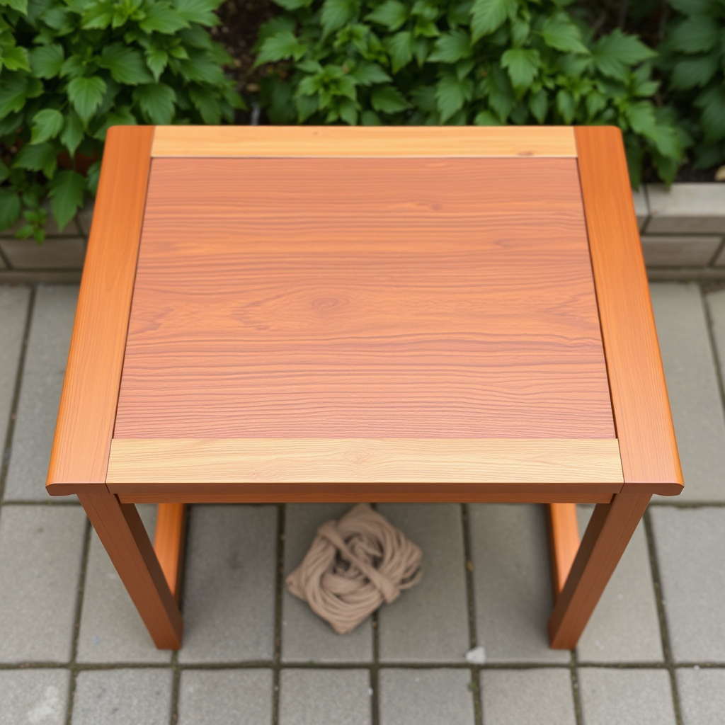 folding wooden table approximately 1 meter square top surface, with a 2 inch edging that is sitting on top around the perimeter.