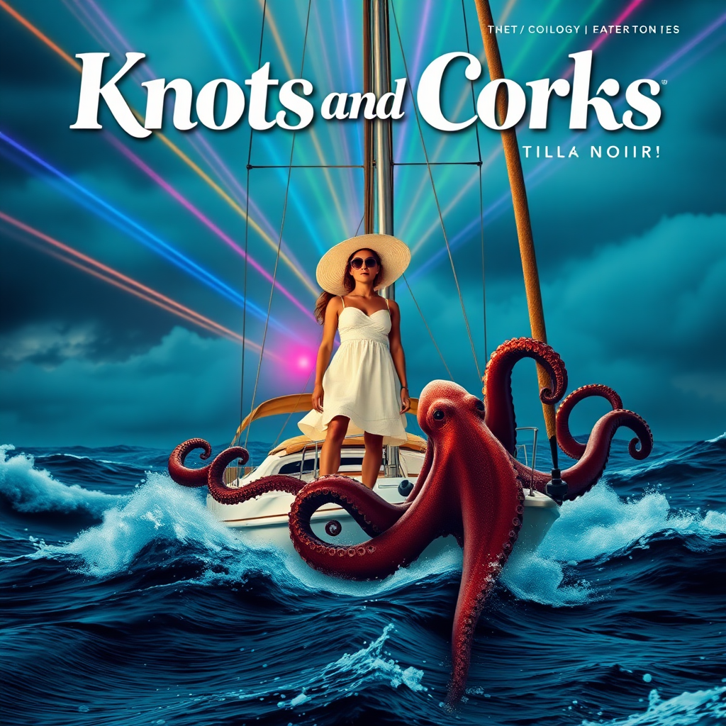 Generate an image. A fictional cover of a magazine, high resolution, portrait DiN A4.

The magazine is called "Knots and Corks." In the style of Film Noir.

A sailing yacht is in stormy seas.

A woman stands in shock on the yacht. She is wearing a white summer dress, a large white sun hat, and oversized sunglasses.

An octopus with huge black pupils is winding around the yacht. 
The atmosphere is psychedelic, colorful, the sky is friendly, colorful laser holograms rise from the waves.