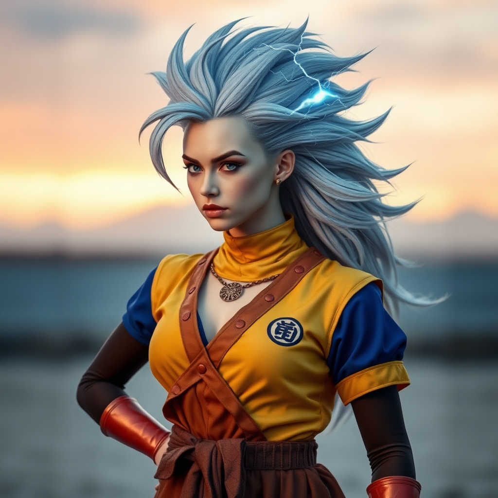 A female Super Saiyan Sacred clothing Hand-made style There is blue lightning in the hair