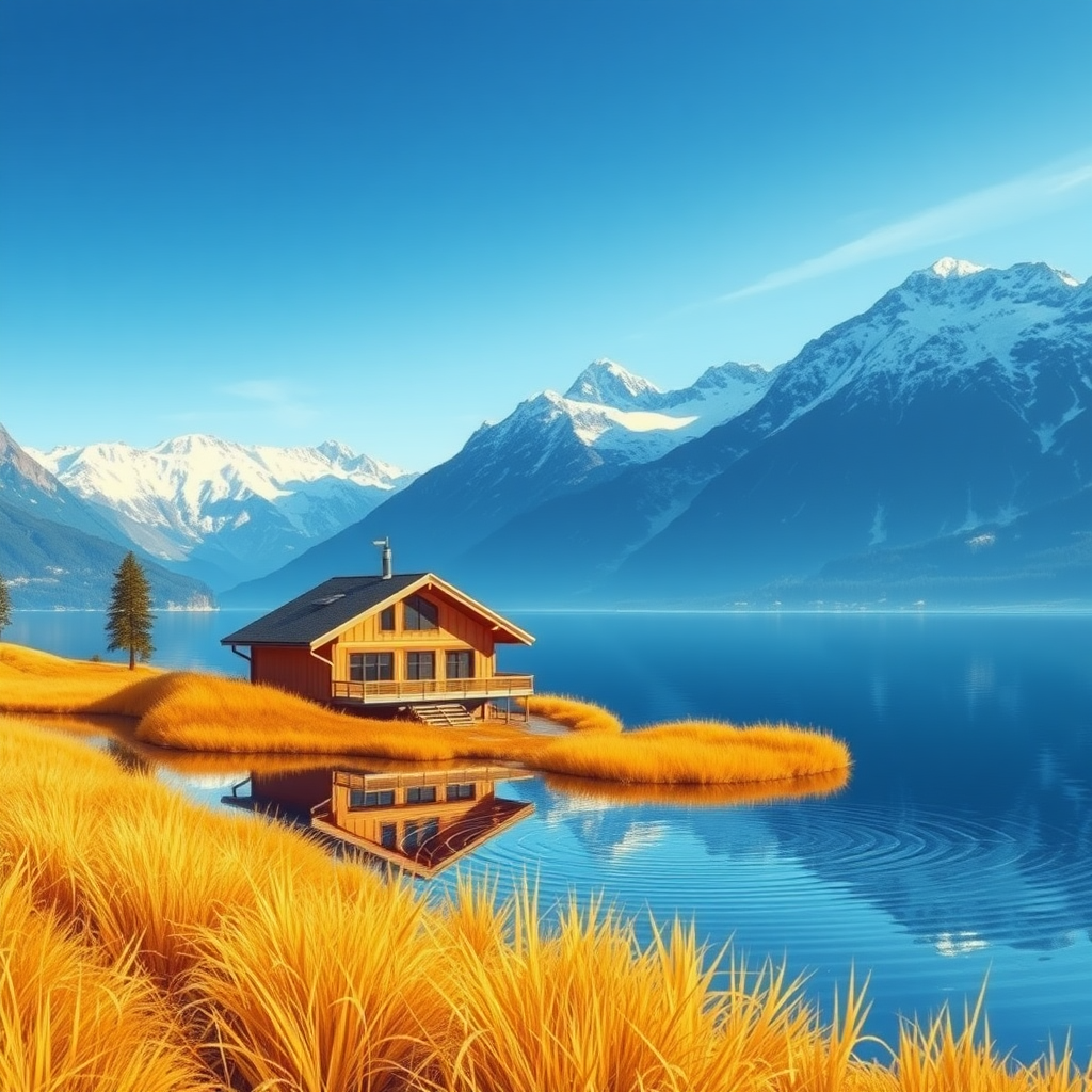 A tranquil mountain landscape featuring a modern wooden chalet nestled near a serene lake. In the background, majestic snow-capped mountains surround the scene under a clear blue sky. The reflection of the mountains and the chalet creates ripples across the lake's blue waters. The foreground showcases golden grass that borders the water, enhancing the warm tones against the cool blues. Overall, the scene radiates an impressionistic aesthetic with bright and saturated colors, emphasizing the vibrancy and beauty of nature in an animated composition. The arrangement invites tranquility and peace to the breathtaking mountain resort.