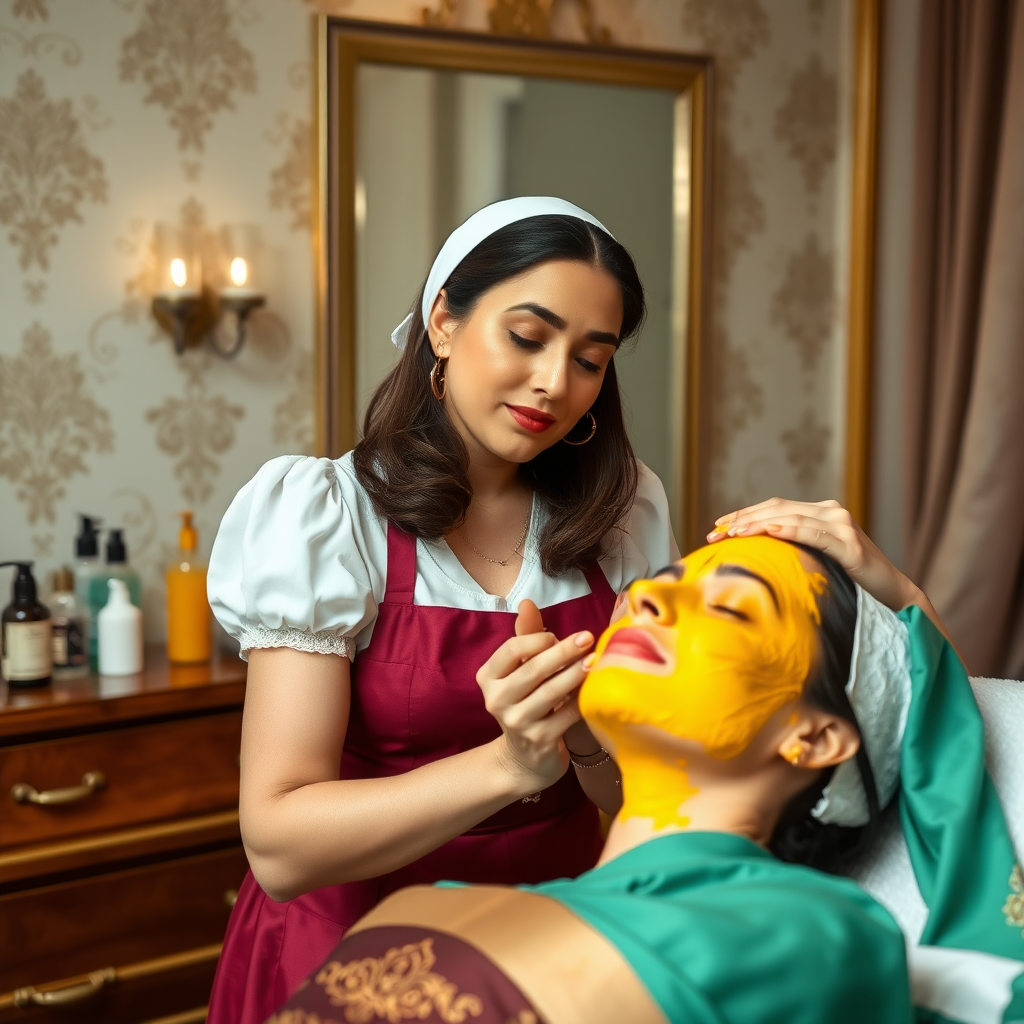 female french maid working in beauty parlour, giving turmeric facial to indian wife