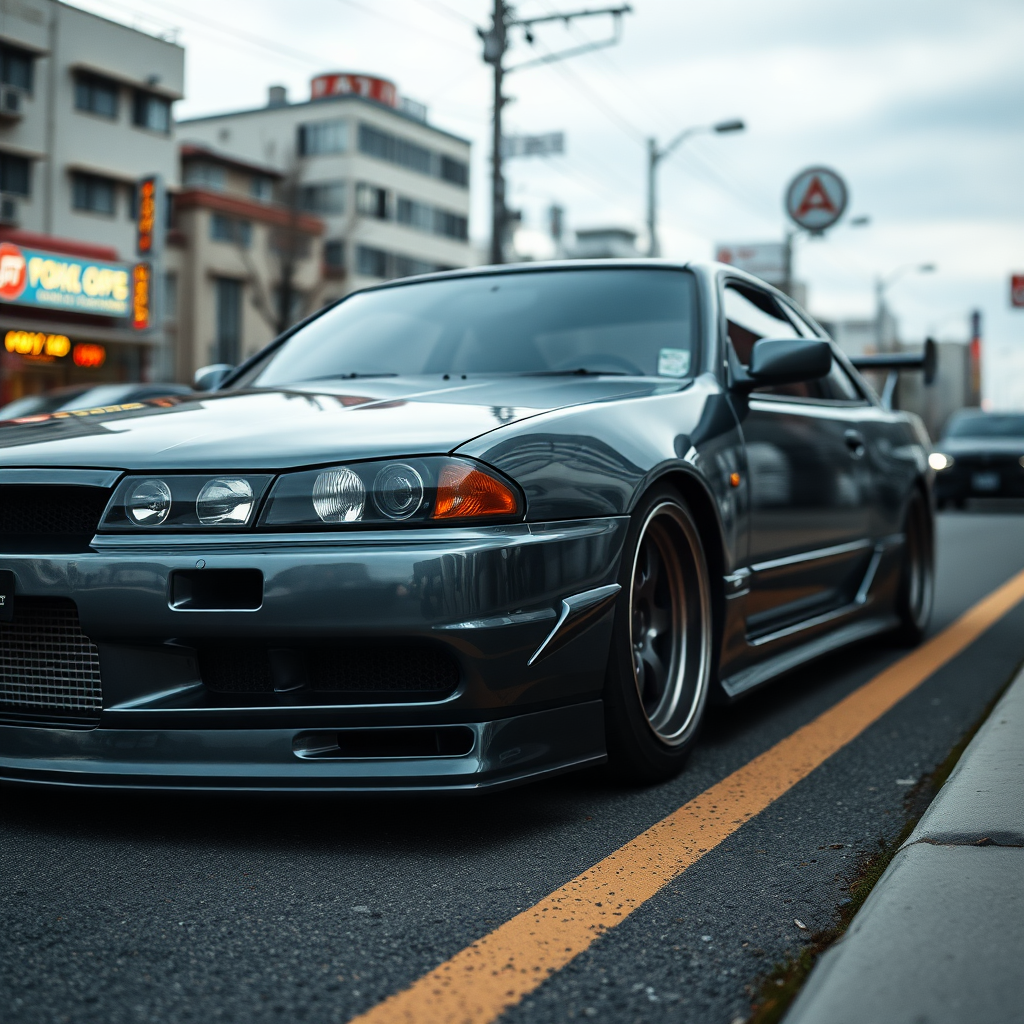 The car is parked on the side of the road, inspired by Taiyō Matsumoto, tumblr, restomod, nd4, c4 metallic shine gray black nissan skyline r34 tokyo arkaplan hatasız tam eksiksiz ayrıntılı genel gerçek detaylar en iyi fotoğraf poz sinematik hafif yağış su damlalar ıslak yol