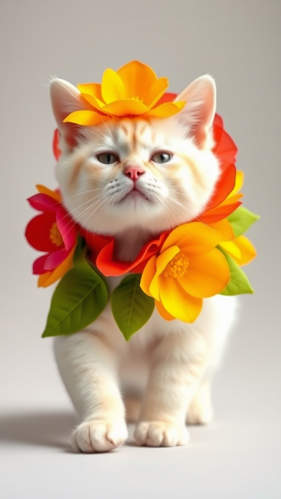 A little chubby big yes pink nose white cat walking okay on two paws wearing a real colorful flower costume doing a ramp walk.