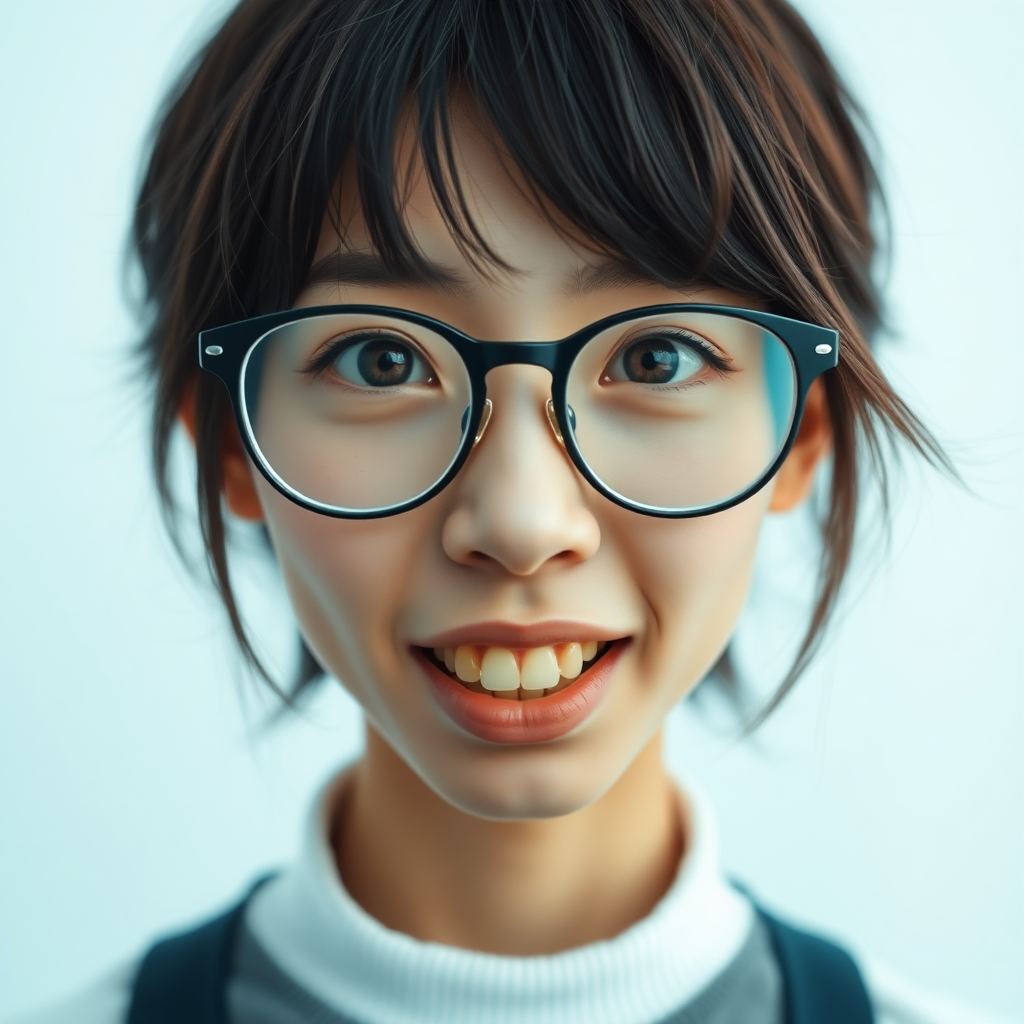 japanese nerdy skinny adult woman with big nose, big mouth, big yellowish teeth, moles, big eyeglasses and medium hair