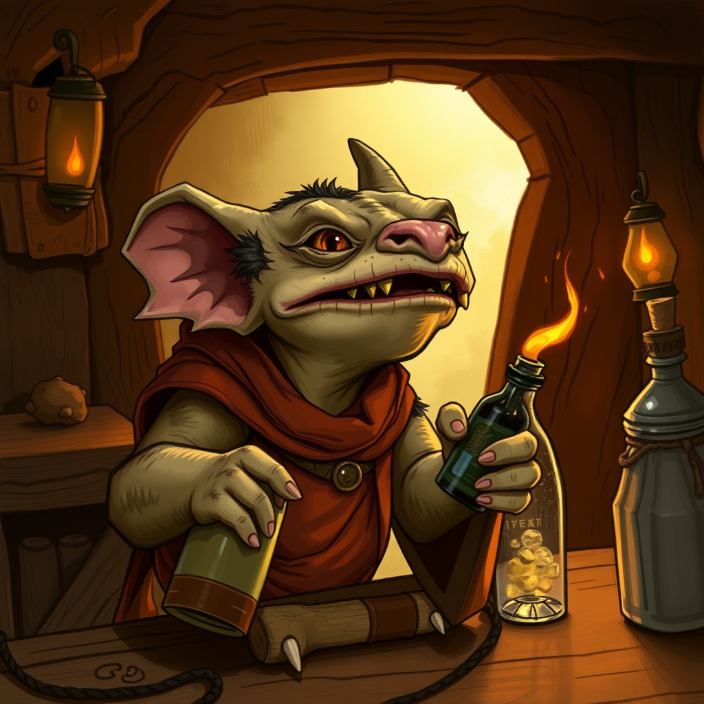 A kobold with a bottle laughing at something to the right while inside a tavern