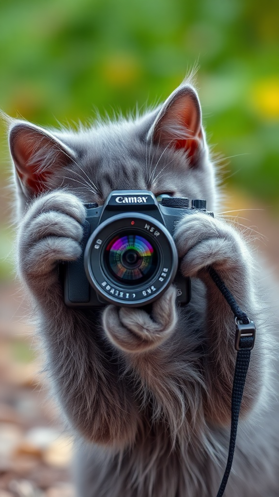 The gray kitten is taking pictures with a camera.