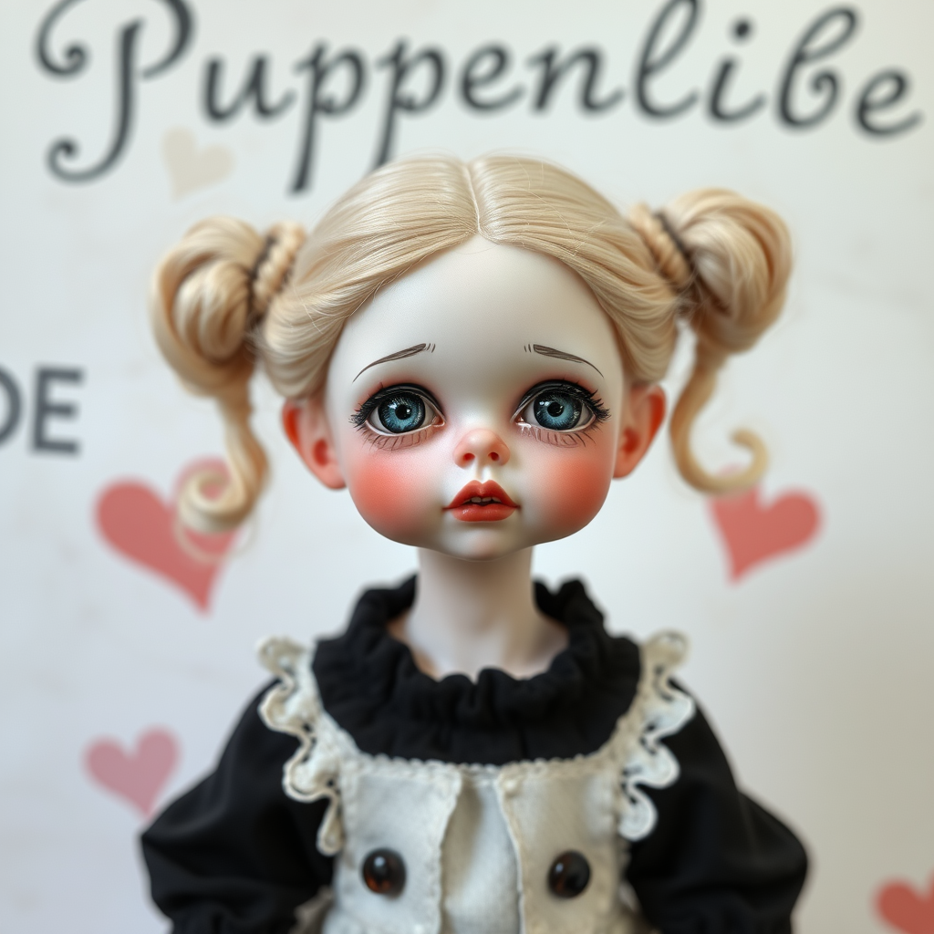 ooak art doll, artist doll, realistic doll, life-like porcelain doll, text on the wall in the background says "Puppenliebe"