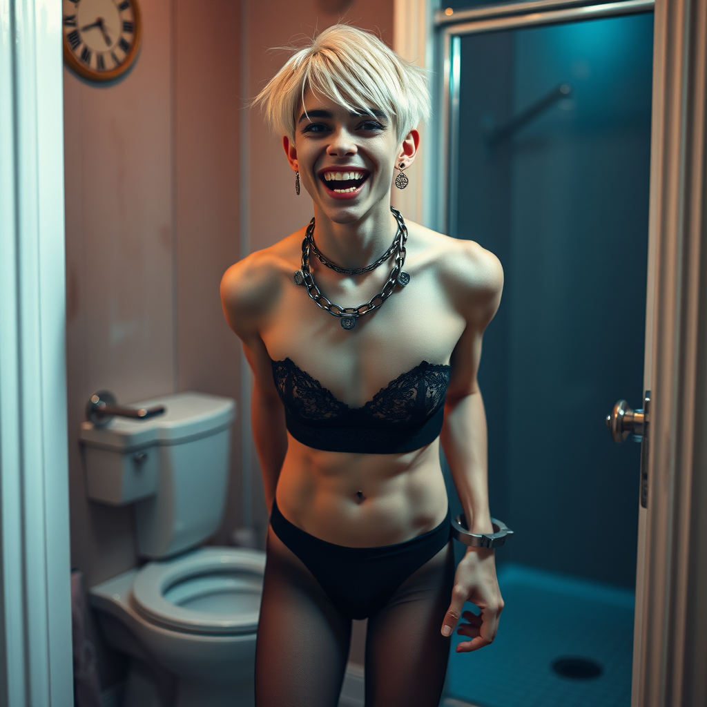 photorealistic, ultra high resolution, 16K, surreal fantasy, studio lighting, a pretty 16 year old goth boy, slim male physique, short blonde hair, goth makeup, earrings, spikey chain and leash, handcuffs, trainer-bra, pantyhose, white ballet shoes, in the bathroom, excited open mouth smile, facing the camera,