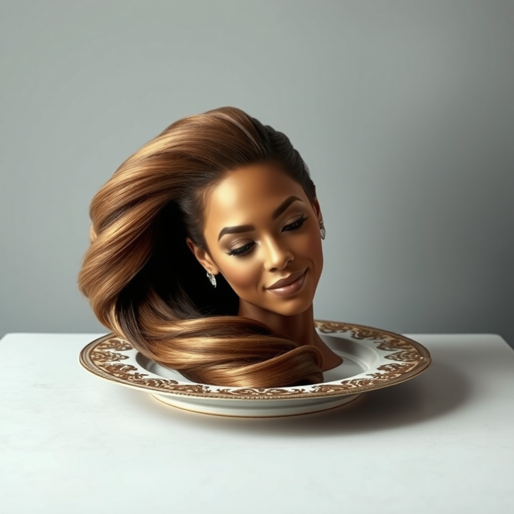 In a surreal and striking scene, the elegantly styled disembodied head of a stunningly beautiful Beyoncé rests gracefully on an ornate, luxurious plate, which is carefully placed on a simple, understated table. Her very long, flowing hair cascades like a rich waterfall of silky, rich brown locks, framing her exquisite face and accentuating her radiant, flawlessly glowing skin. The delicate contours of her chin rest lightly against the polished surface of the plate, lending an unexpected intimacy to the bizarre presentation.

The background is a muted, plain gray, casting an air of modern minimalism that contrasts dramatically with the lavishness of her appearance. Soft shadows play across her features, highlighting the subtle high cheekbones and perfectly shaped lips, which seem poised for a soft smile. The atmosphere feels both elegant and eerie, inviting intrigue and contemplation as viewers are drawn into this surreal artistic tableau, where beauty and the absurd collide in unexpected harmony.