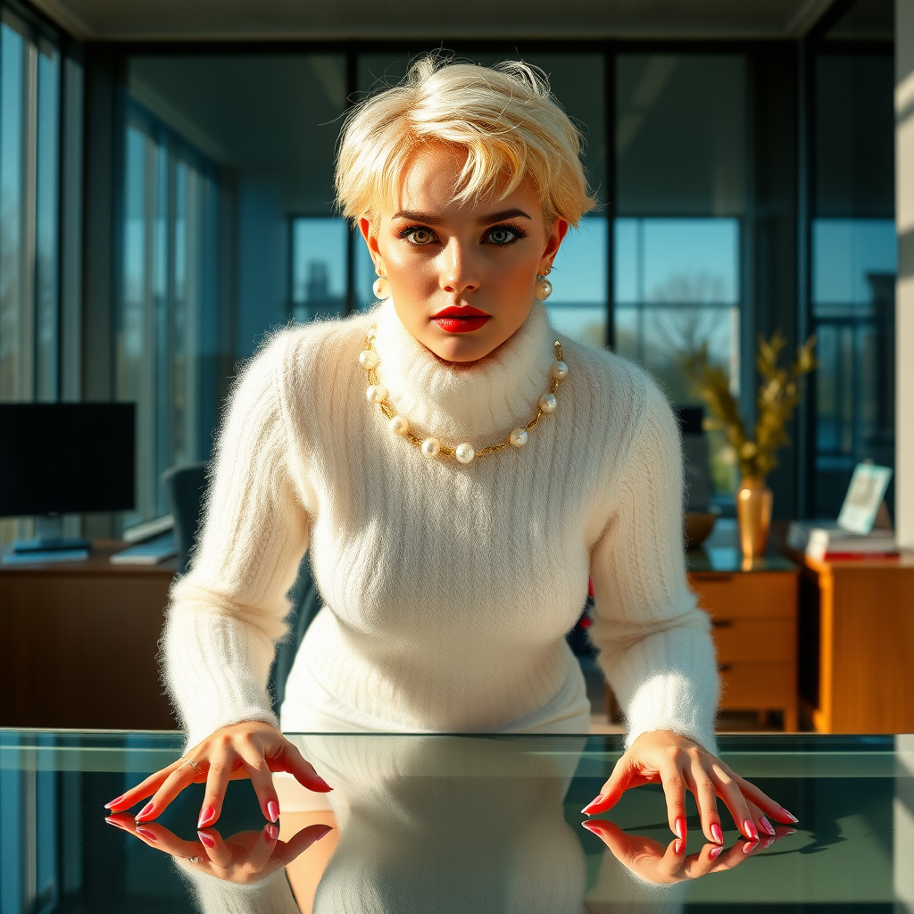 Sunny spring morning, modern glass-steel-concrete office, standing behind glass desk: Ana, European 17 years old very convincing femboy “trophy-bimbo”, tamed servile docile, very beautiful feminine flawless face, rather short boyish figure, platinum blond short tight curls, bold red lips, heavily made-up face, long French nails, wearing Supertanya-style chunky fluffy very fuzzy bright white plushy mohair figure-hugging turtleneck-knitdress with white pearl decoration, white vinyl thigh-high boots with golden heels, pearl earrings, serious, leaning forward hands on desktop presenting her assets, arrogantly looking at camera. Focus on face and knitdress.