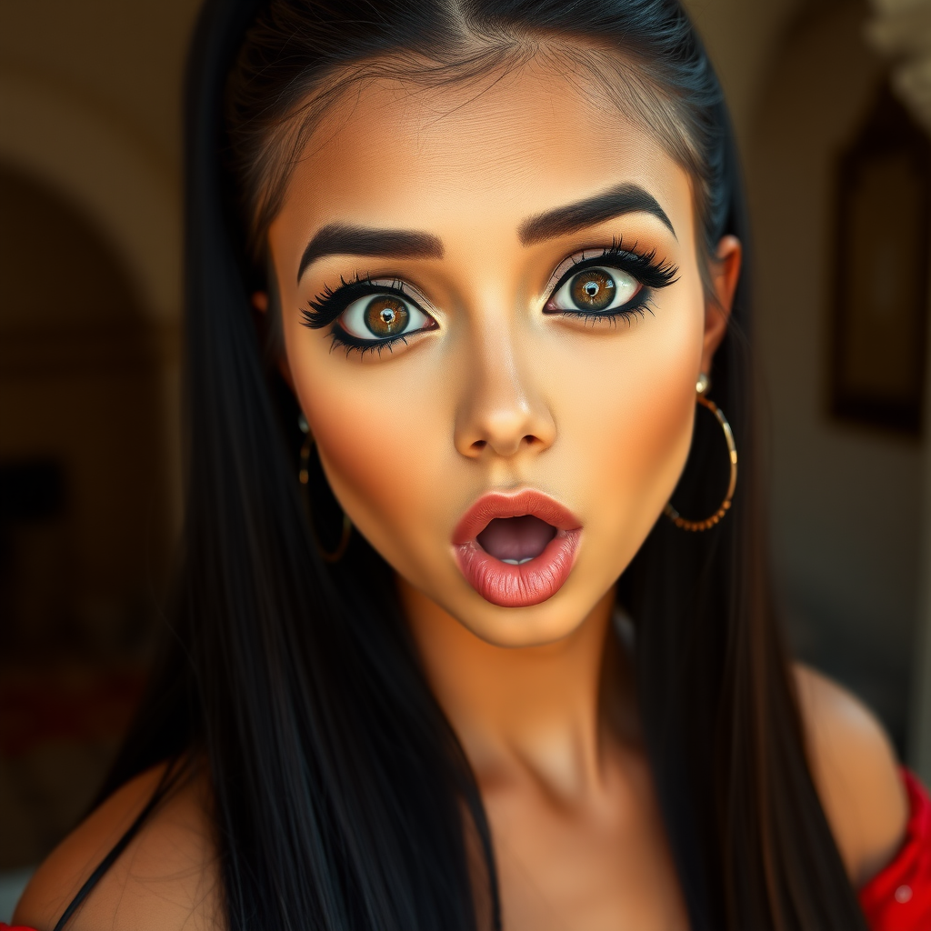 surprised Arabian girl with mouth open. She has very large eyes, black eyeshadow, black eyeliner, fake eyelashes, very tanned skin, very long hair. very high ponytail, red off shoulder shinny crop top. photo realistic, long straight black hair. crop top, pencil skirt, micro skirt, long legs.