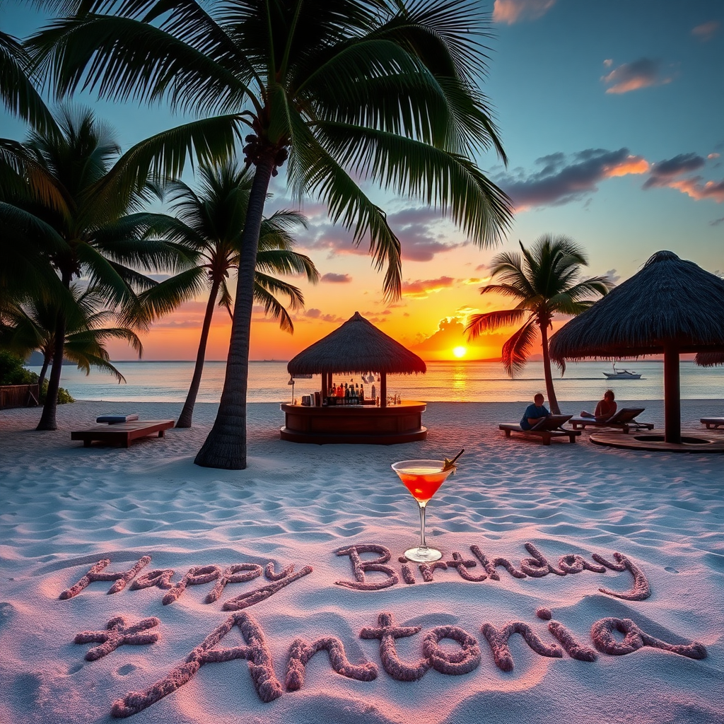 Beach with palms, bar, sunset, Cocktail in Sand spelling the words "Happy Birthday Antonia"