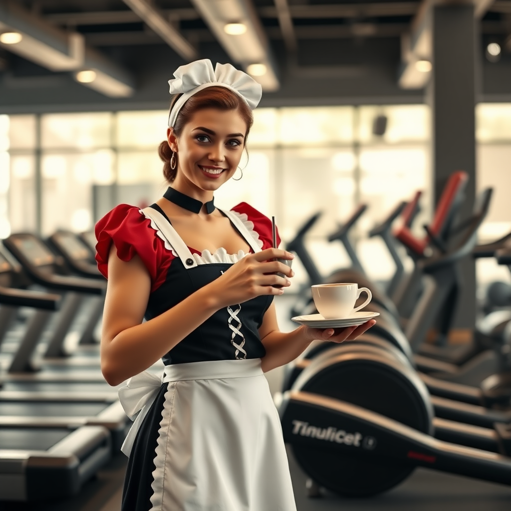 French maid, serving coffee in gym