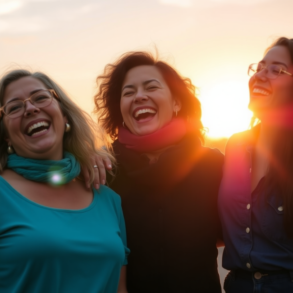 Three women stand together laughing, with one woman slightly out of focus in the foreground. The sun is setting behind the women, creating a lens flare and a warm glow.