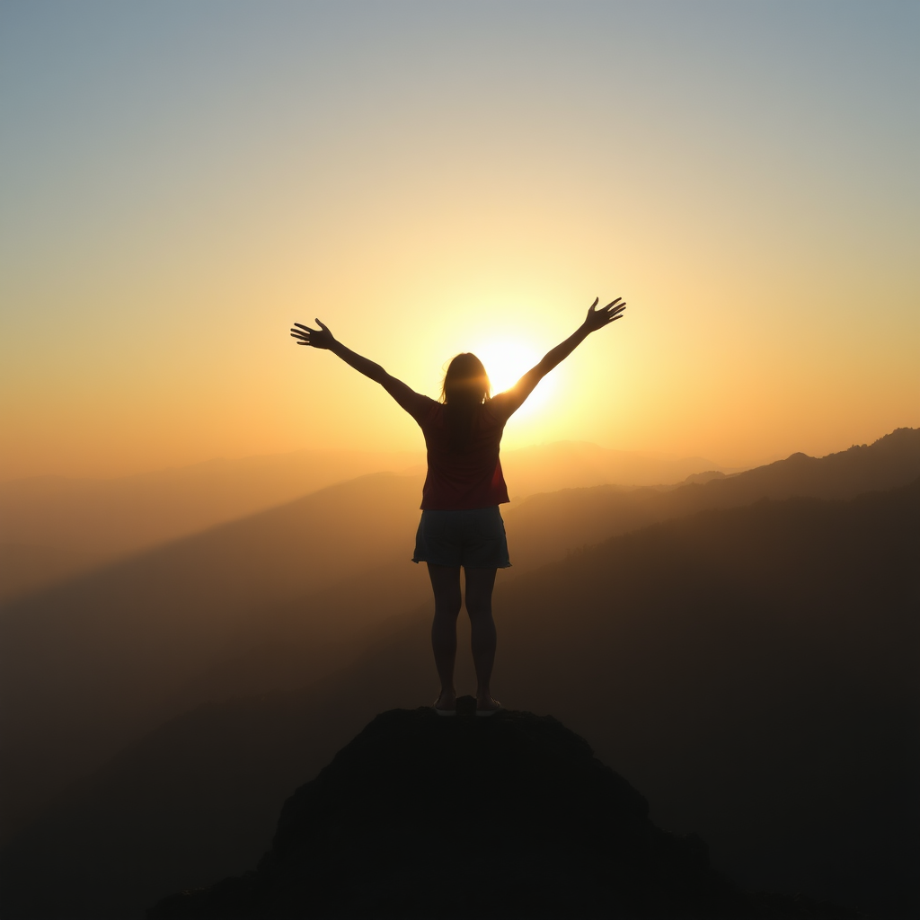 freedom. a woman standing on a mountain. rising sun in the background