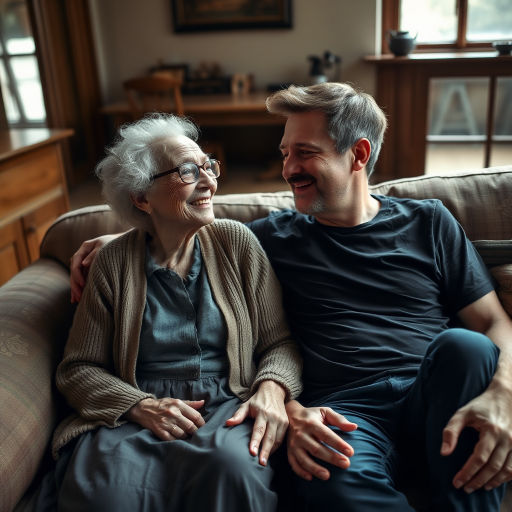 In a scene viewed from an angle and slightly above: In an old-fashioned English living room, a very frail and thin, very elderly English lady with a kind smile, short, thinning white curly hair, wrinkled face, neck and skin, wearing thin framed glasses, an old cardigan, blouse and long skirt is sitting on a sofa with an English man about 40 years old, grey stubble on his chin, brown hair, sitting close next to her on the same sofa, wearing a black T-shirt and dark blue jeans. The man and woman are smiling at each other. The woman is looking at the man's eyes and smiling. The man is looking at the woman's eyes and smiling.