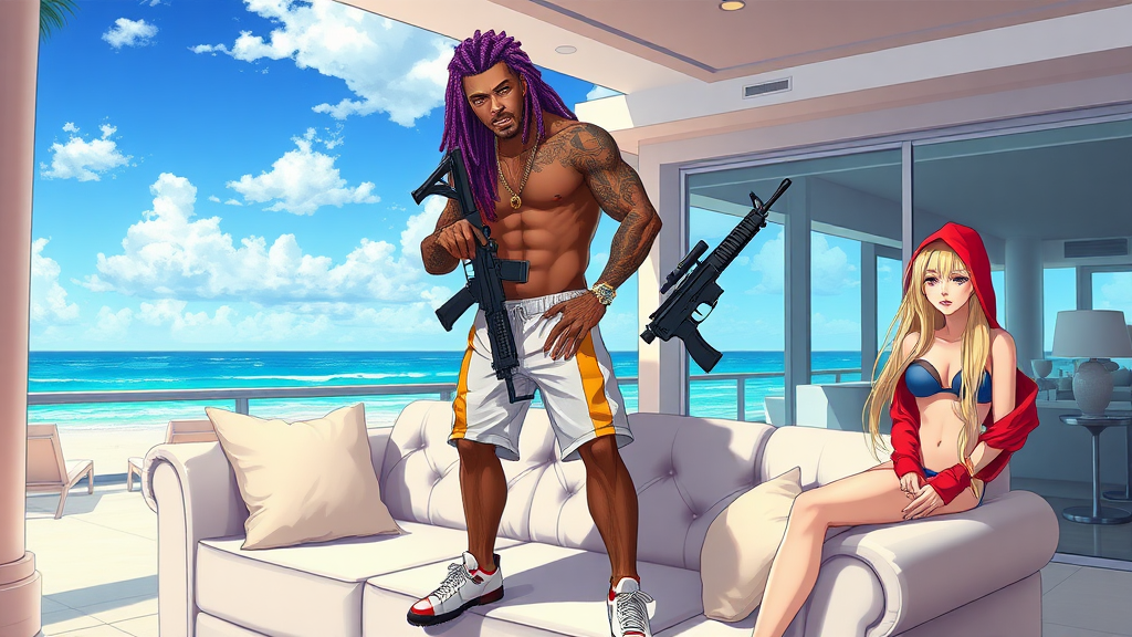 A high-quality anime art Scene, A White thug male with purple-dreadlocks standing on top of a sofa, golden grills, holding 2 ak-47s, in a modern-day mansion outside in miami beach, there are two white girls, long blond hair, with micro-bikinis and g-strings next to him wearing red-bape hoodies