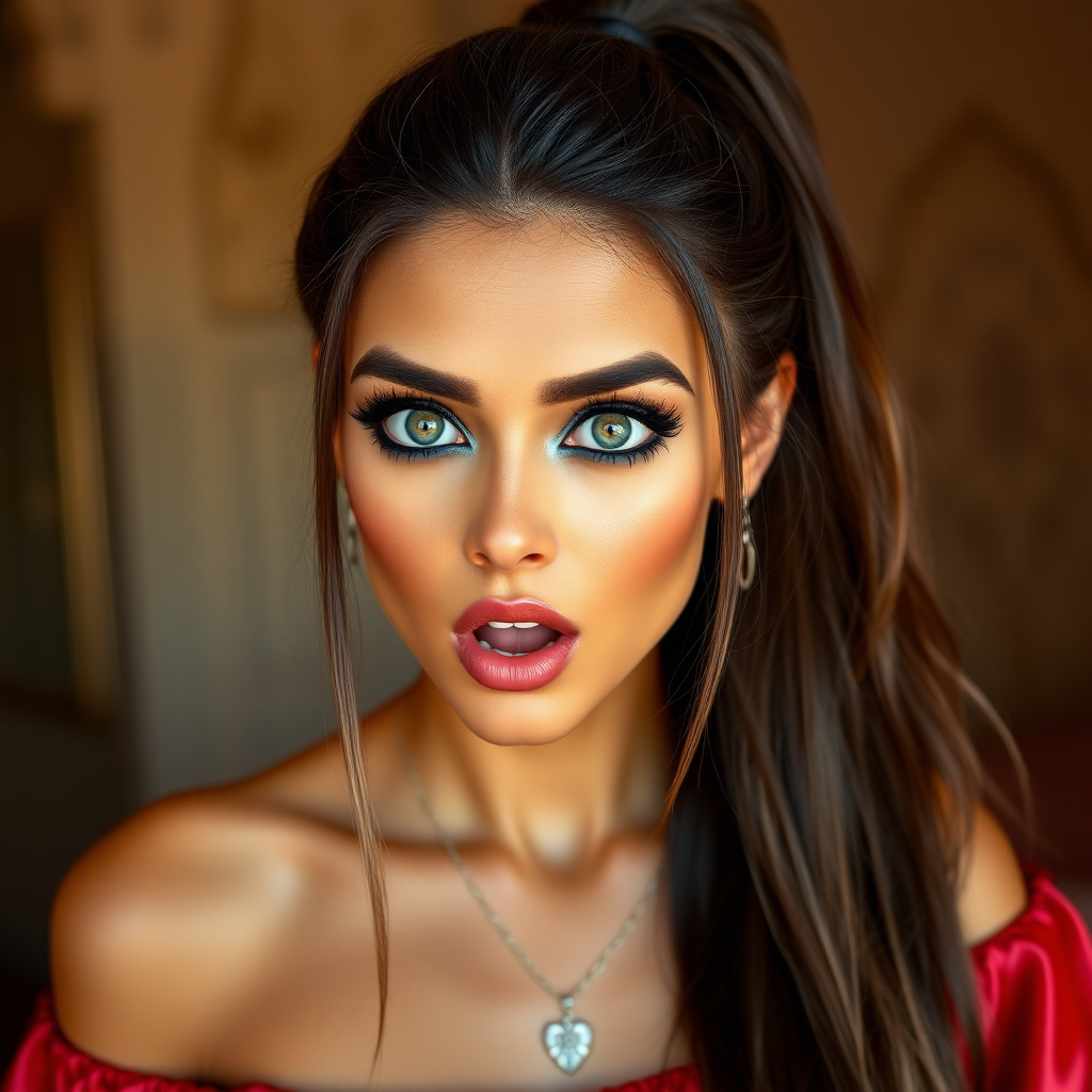 surprised Arabian girl with mouth open. She has very large eyes, black eyeshadow, black eyeliner, fake eyelashes, very tanned skin, very long hair. very high ponytail, red off shoulder shinny crop top. photo realistic