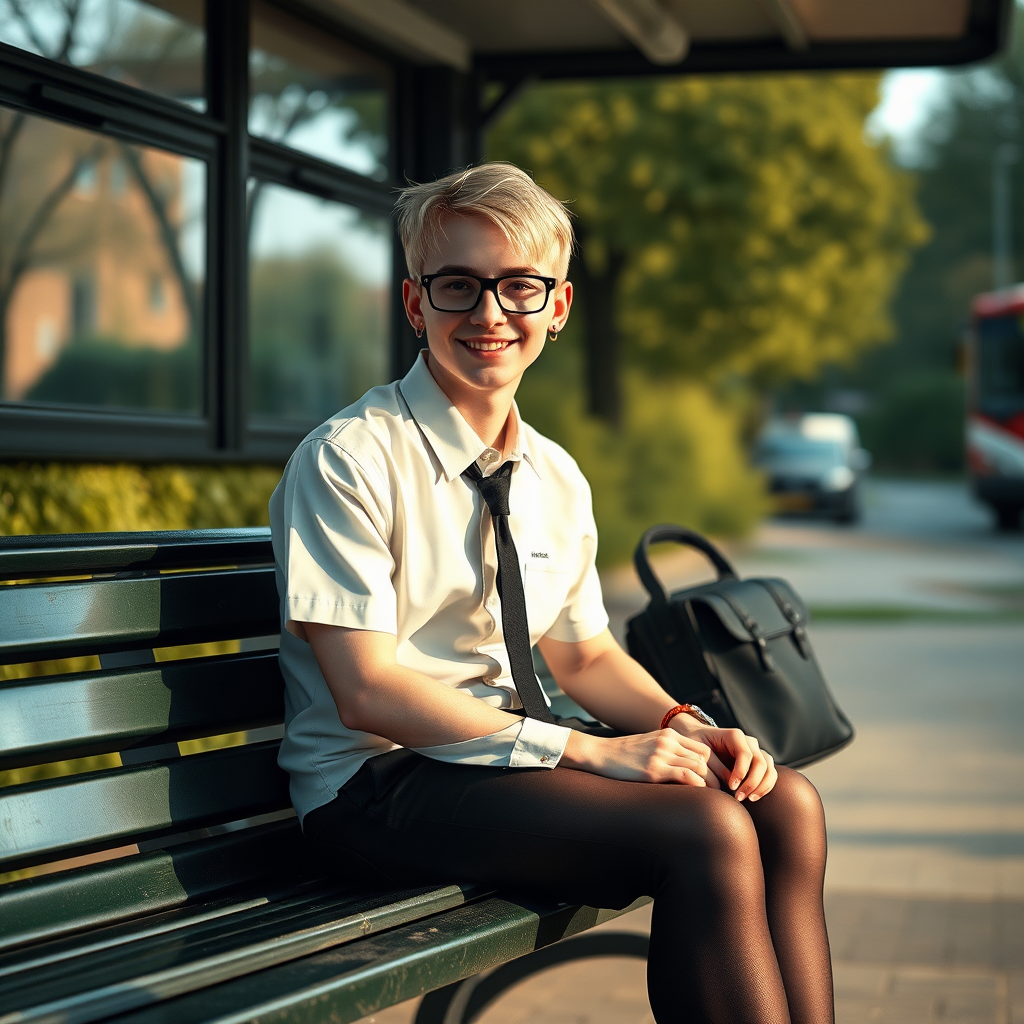 photorealistic, ultra high resolution, 16K, surreal fantasy, soft studio lighting, a pretty 18 year old goth male, slim male physique, short blonde hair, black glasses, goth makeup, earrings, shiny black pantyhose, UK girls-school uniform, Mary-Jane shoes, sitting on his boyfriend's lap on a bench waiting for the school bus, in daylight, excited smile, facing the camera.