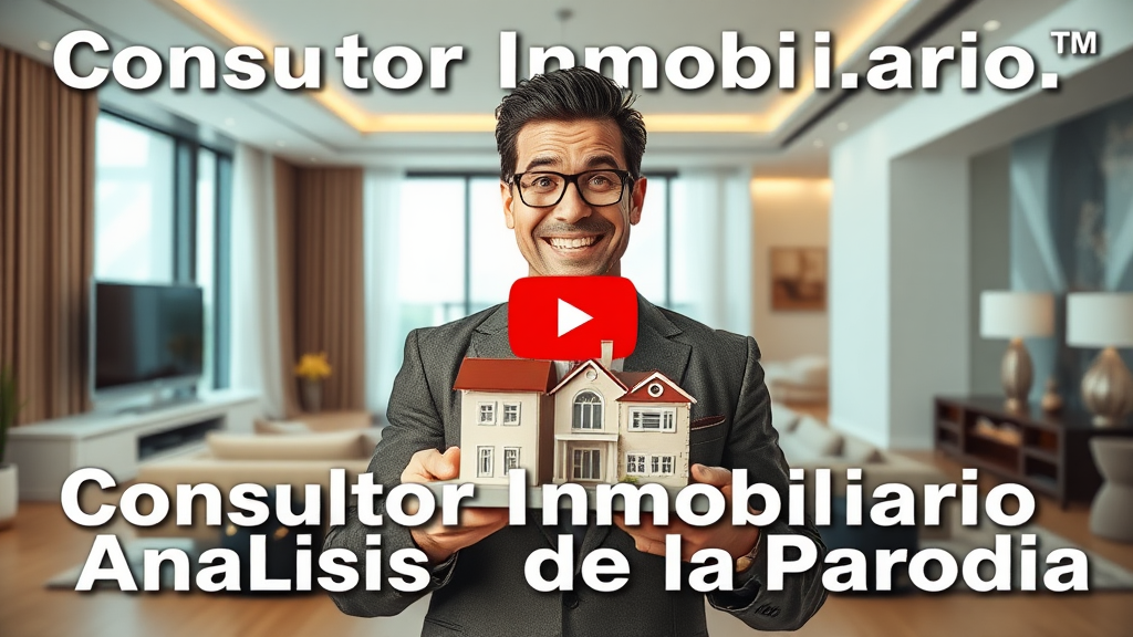 Create a YouTube thumbnail that shows a luxury apartment setting with a comedic twist. Include a character dressed as an over-the-top real estate consultant, smiling exaggeratedly while holding a house model. The background should feature modern, luxurious apartment interiors, but with humorous touches like oversized price tags or ridiculous amenities. Keep the text minimal, with phrases like 'Consultor Inmobiliario' and 'Análisis de la Parodia' in bold, clear fonts.