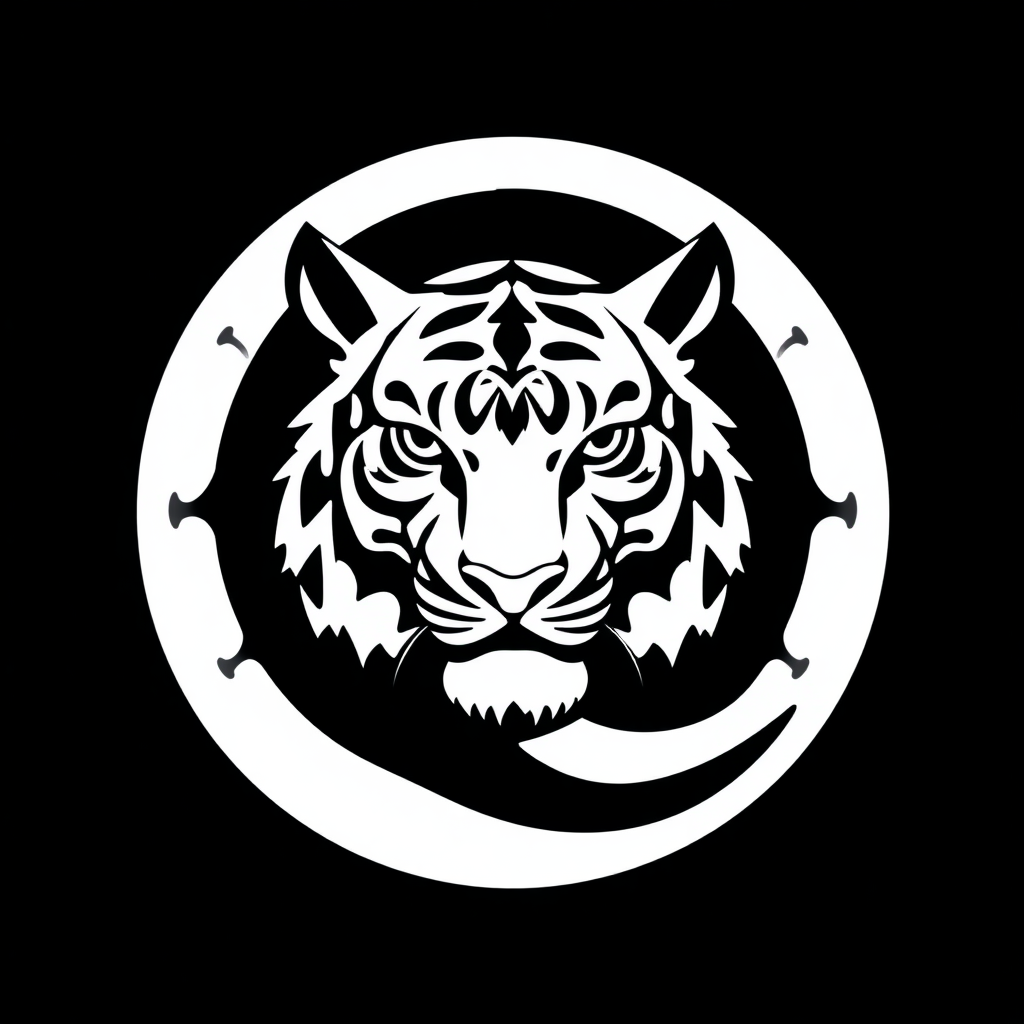 Create a minimalist, monochromatic circular logo design of a serene tiger in the style of Sak Yant tattoo art.