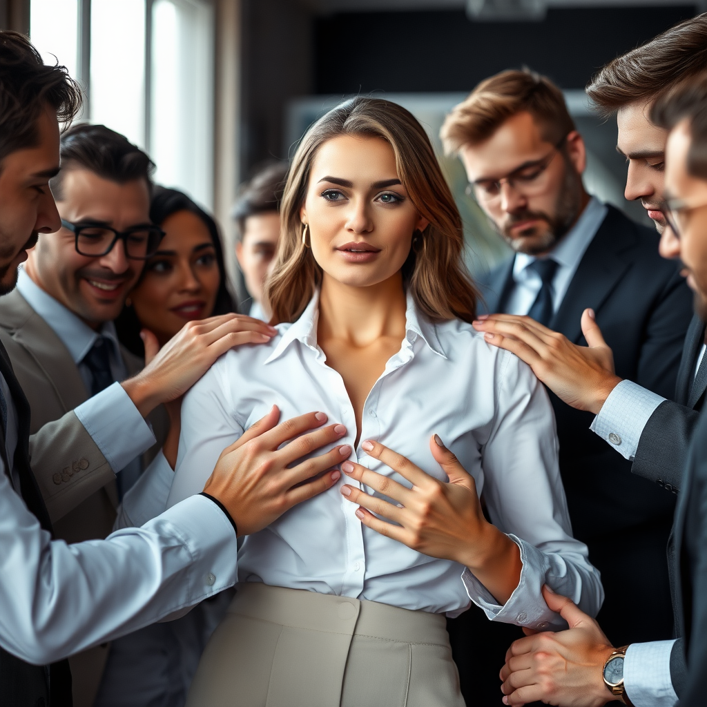 a business woman in the office, her many male colleagues are surrounding her, touching her all over her body