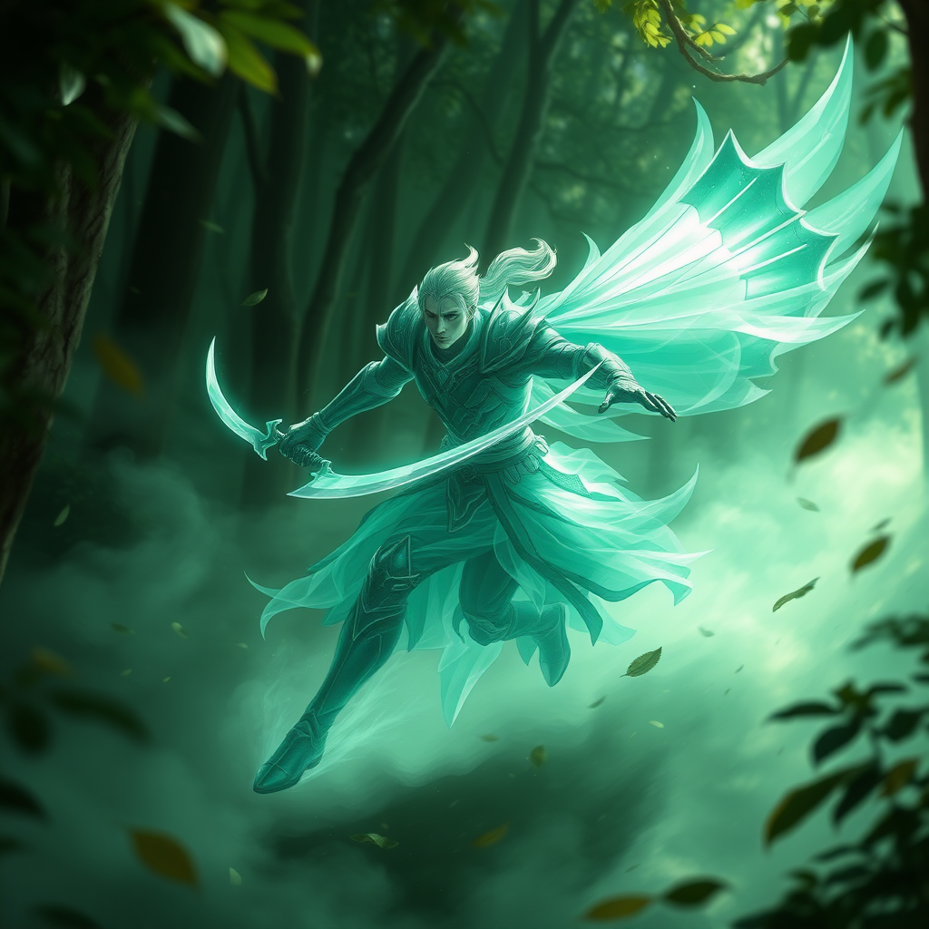 An ethereal image of the Emerald Wind, a swift and enigmatic warrior, moving through a dense forest with incredible speed. His figure is semi-transparent, blending with the wind itself, giving him a ghostly and untouchable appearance. His armor has a greenish glow, as if made from the wind, with light reflecting off the emerald hue. He holds a curved blade that seems to shimmer in the light, and his expression is calm yet focused. Leaves and mist swirl around him as he dashes between trees, barely leaving a trace. The atmosphere is mystical and serene, with the quiet power of the forest surrounding him, as if the wind obeys his command. The scene captures both his supernatural speed and the calm deadliness of a master warrior.