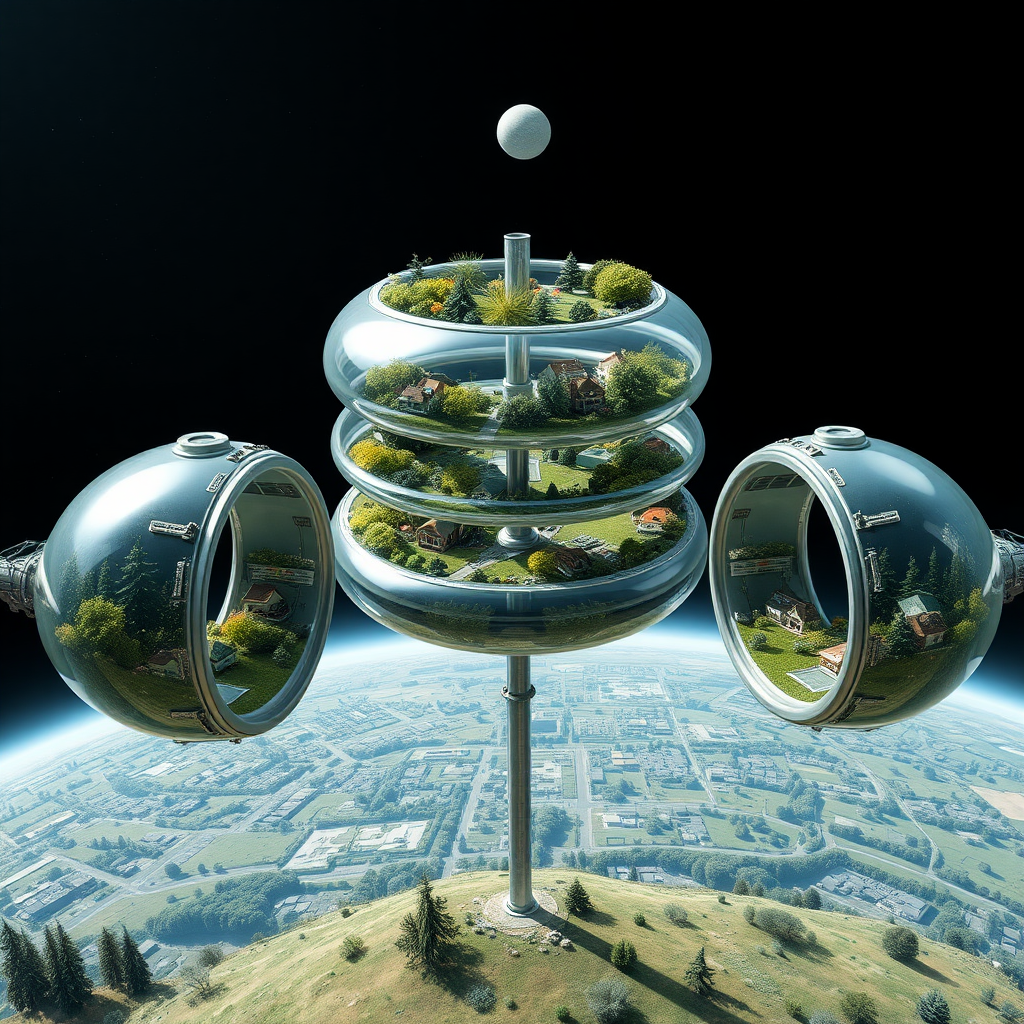 Three space stations parallel to each other, each with 5 glass doughnut rings stacked on a metal rod in the center, are orbiting a grey planet at a distance. Each ring contains neighborhoods of houses and is full of plants, trees, bushes, flowers, and grass.