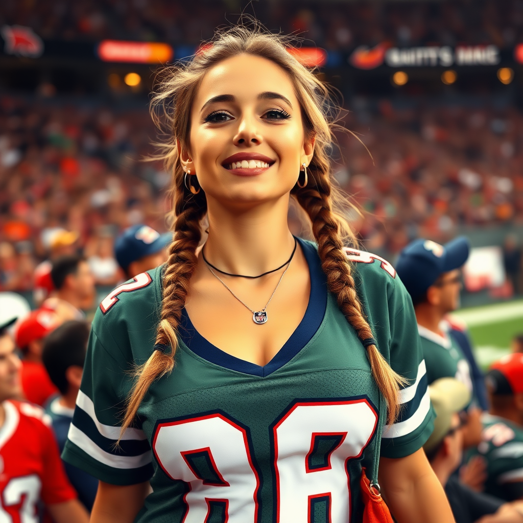 Hot female NFL fan is cheering for team, pigtail hair, wearing jersey, huge chest, inside crowded stadium.