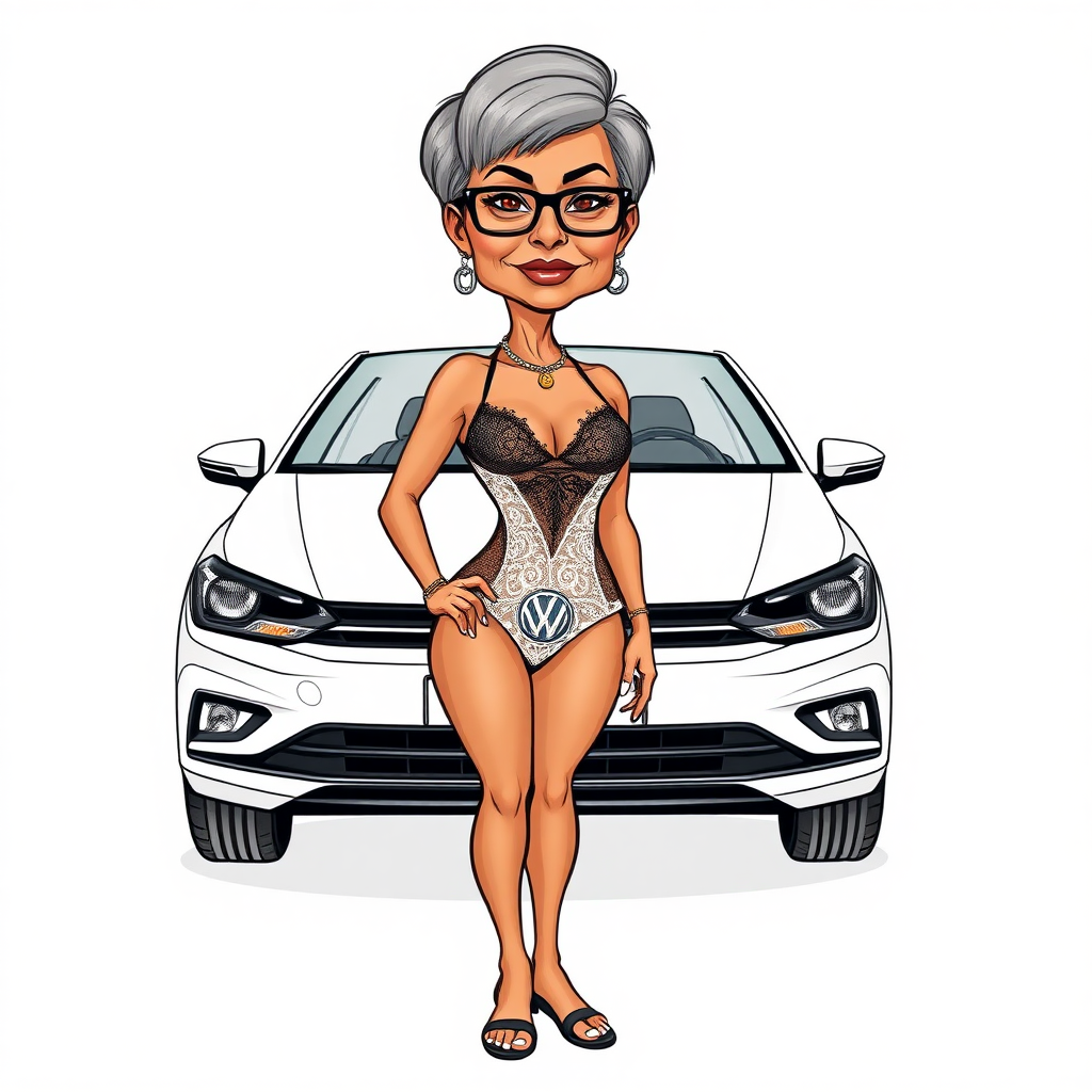 a towering 55 years old, fit, slim, European, Latina, sharp aquiline nose, wrinkles, high cheekbones, Middle Eastern, skinny, tanned skin, dark light skin, rounded medium breasts, skinny thighs, full makeup, jewelry, serious face, sharp nose, ash hair, short bowl haircut, brown eye color, glasses, with detailed features. she is wearing embroidered black mesh balconette bras and a tight white high cut 1980s mesh cut out swimsuit, transparent kimono lace, detailed fabric. full body, high heels sandals, she is inviting the viewer to get in her VW white Polo V, long establishing shot, 2D, caricature, cartoon, sketch lines, coloring book, coloring book style on white background, well composed, clean coloring book page, no dither, no gradient, strong outline, no fill, no solids, vector illustration, realistic proportions.