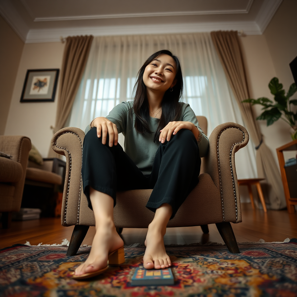 photo low angle full body shot beautiful xiaomeimei looking down. She is sitting on a chair in a living room. she is grinning. her arms are on the armrests. there rug on the floor in front of the chair. a game piece lies on the rug